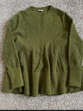 Olive Green COS Wool Sweater Jumper Peplum Long Sleeve Scandi Quiet Luxury